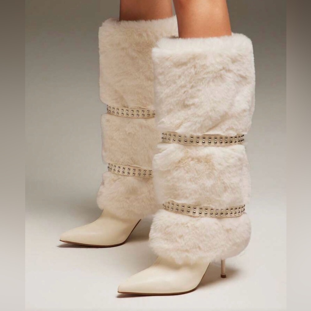 SHEIN Cream Faux Fur Studded Knee-High Heeled Boots